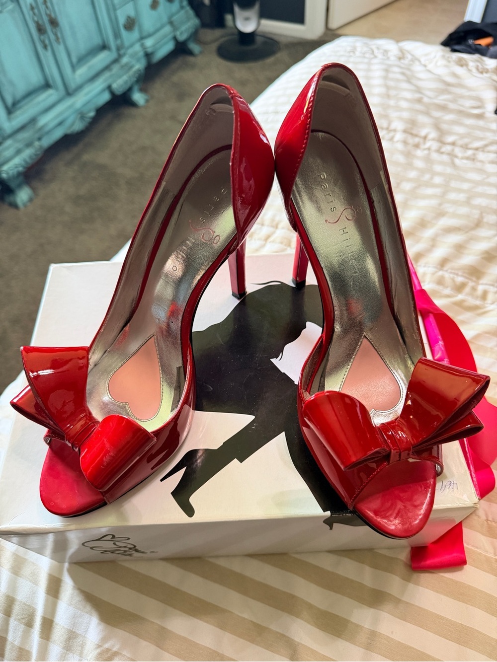 Paris Hilton Señorita Red Patent Peep-Toe Heels with Bow Accent